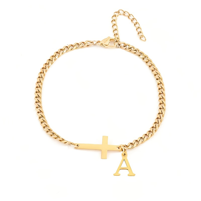 Pulsera con inicial y cruz | Oro