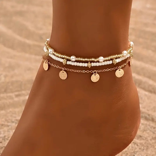 Set de tobilleras de 3 piezas en capas Coastal Charm | Oro