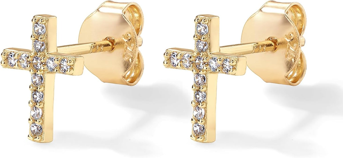 Aretes de botón de cruz con pavé | Oro