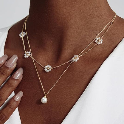 Floral Pearl Layered Necklace | Gold