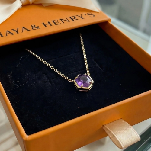 Collar con dije de amatista en bisel | Oro rosa