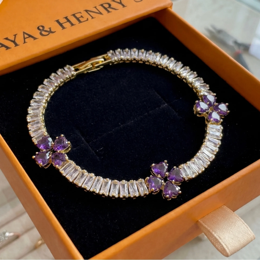Pulsera de corazón de trébol de amatista | Oro