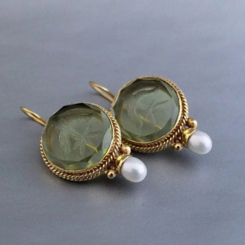Aretes Antiguos Redondos de Perlas de Piedra Verde | Oro blanco