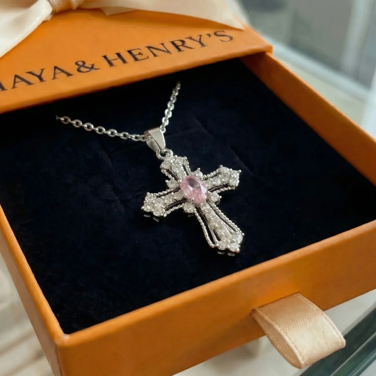 Celestial Pink Cross Necklace | White Gold