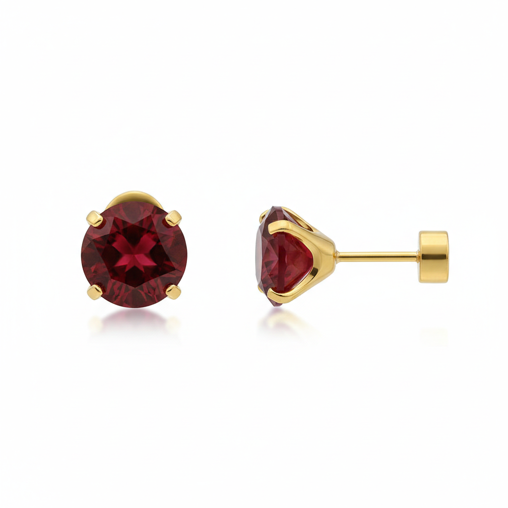 Aretes de botón redondos con rubíes | Oro