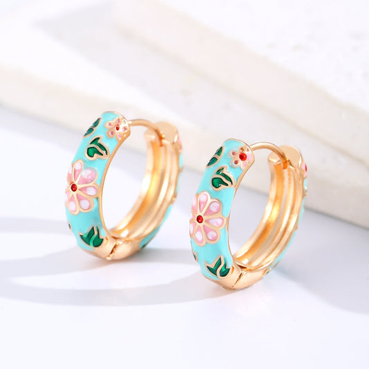 Aretes de aro florales coloridos | Oro