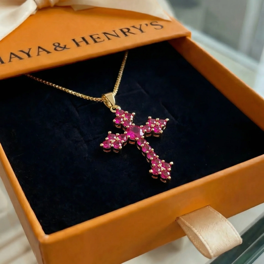 Collar de cruz con racimo rosa | Oro