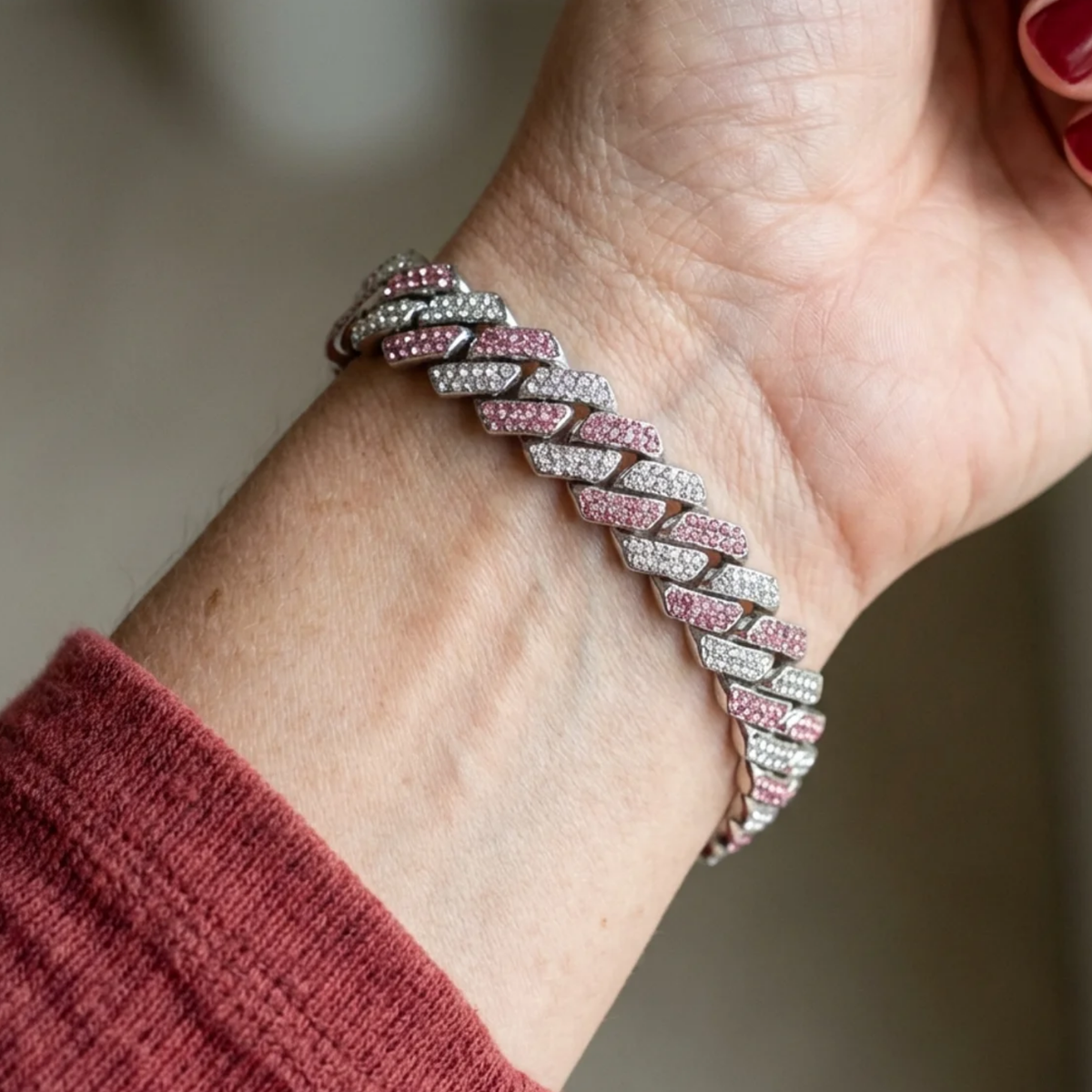 Pulsera cubana Pink Shimmer | Oro blanco