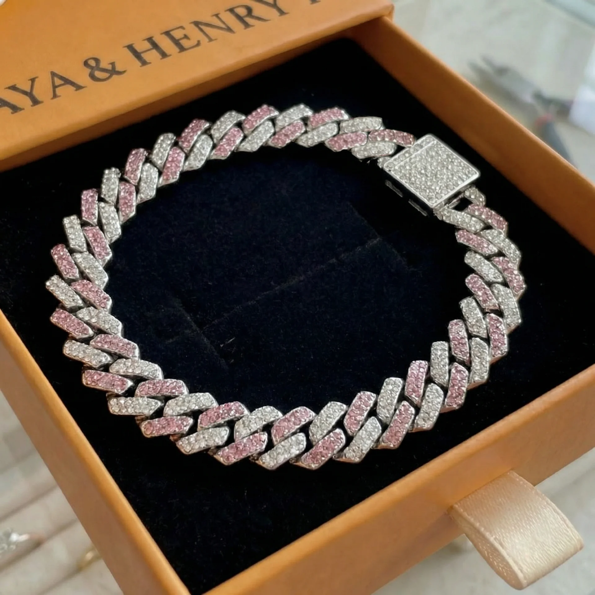 Pulsera cubana Pink Shimmer | Oro blanco