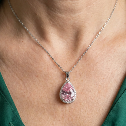 Collar de lágrima rosa | Oro blanco