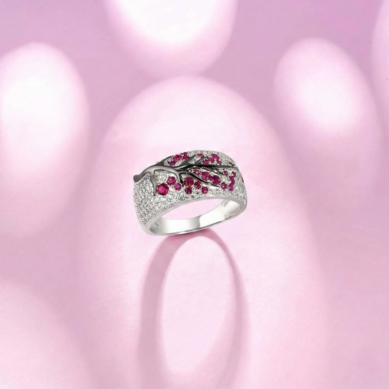Anillo Árbol de Flor de Rubí | Oro blanco