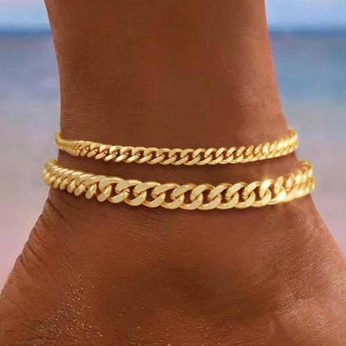 Tobillera de cadena cubana en capas | Oro