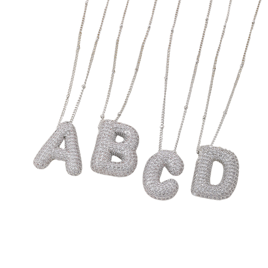 Conjunto de collar inicial de letras burbuja | Oro blanco