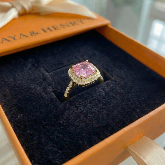 Anillo de zafiro rosa corte cojín | Oro