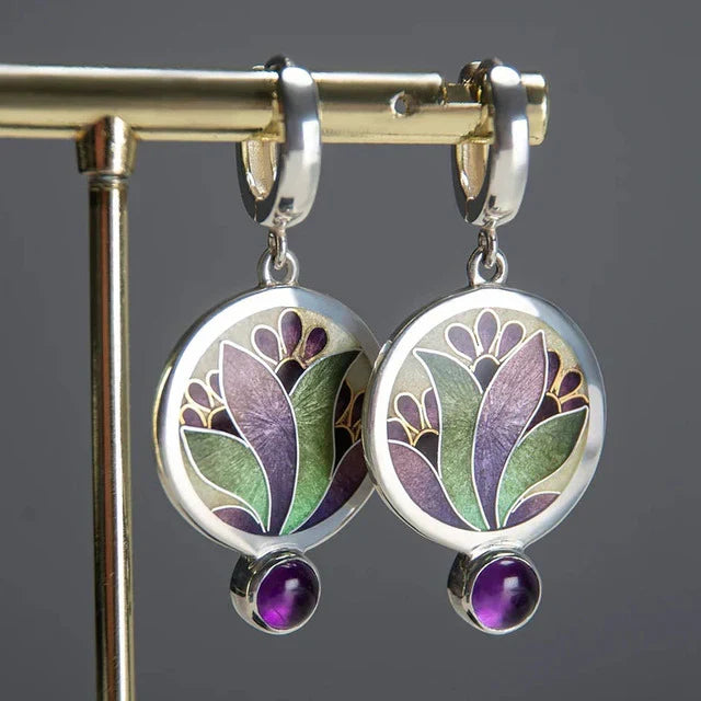 Aretes Boho Vintage con Cristales Morados | Oro blanco