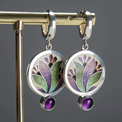 Aretes Boho Vintage con Cristales Morados | Oro blanco