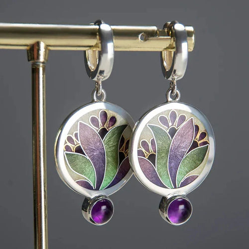 Aretes Boho Vintage con Cristales Morados | Oro blanco